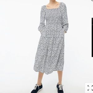 Floral smocked midi dress long sleeves square neck line navy blue